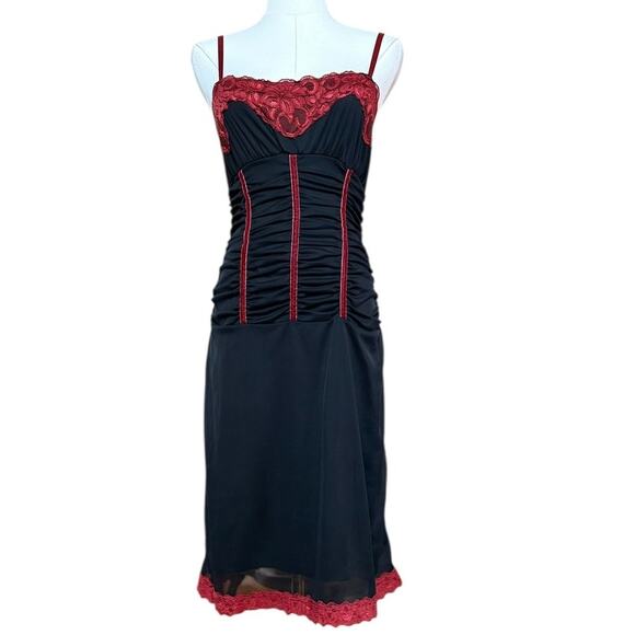 Morbid Threads Gothic Lacy Ruched Slip Dress S Y2K Punk Black Red Lace Bodice - Picture 5 of 11